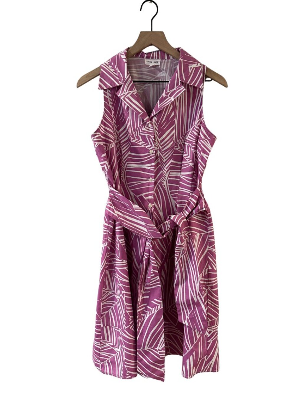Cotton Sleeveless Pink Patterned Button-Front Shirt Dress with Tie Waist - M
